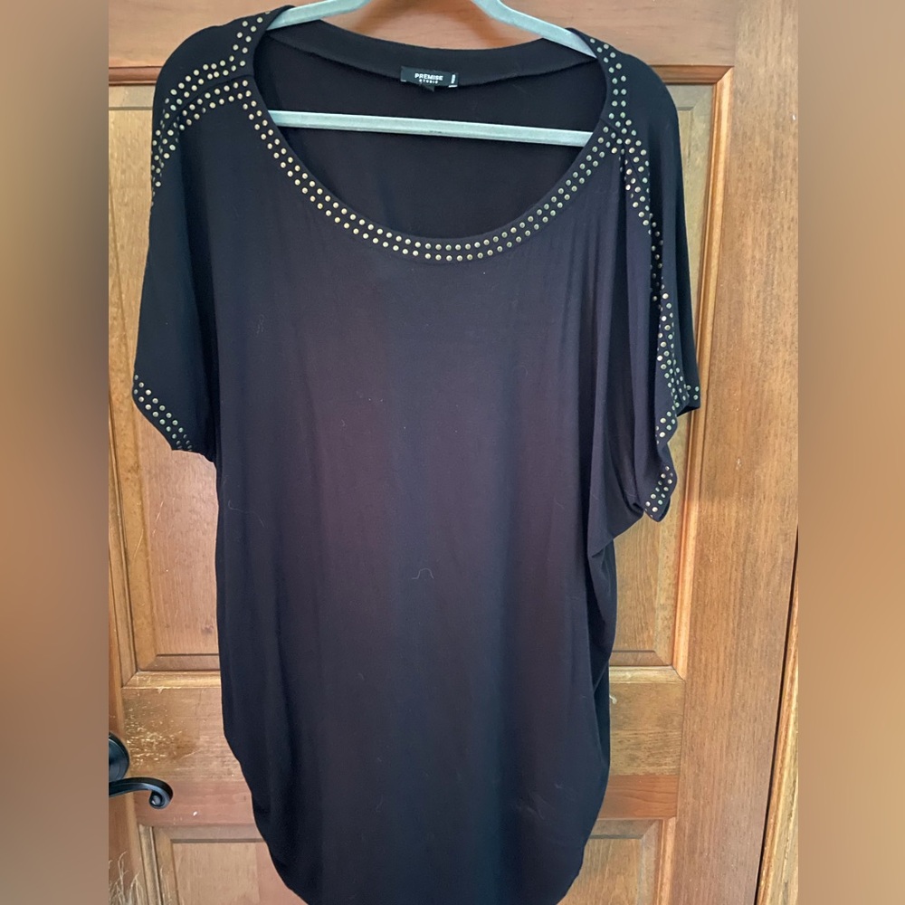Premise Black Short Sleeve Top with Metallic Stud Trim